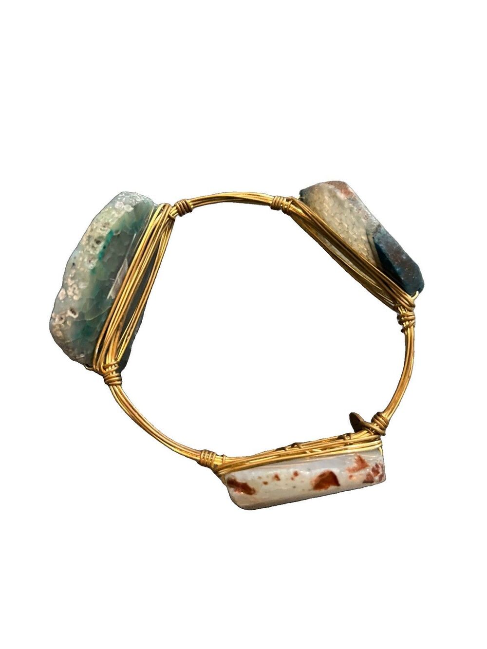 Bourbon and Bowties Gold Wire Wrapped Agate Bracelet in Blue Brown & Rust Boho